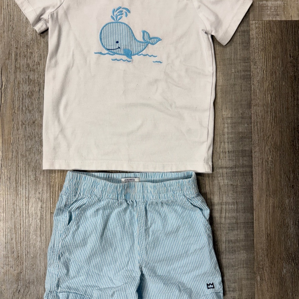 Crown & Ivy Embroidered whale T-shirt, and seersucker shorts